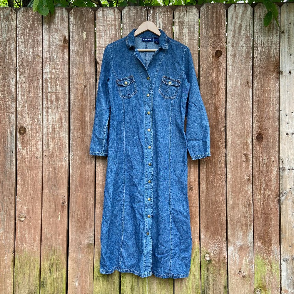Vintage 1980's Forenza Western Denim Long Sleeve Midsize Midi Shirt Dress